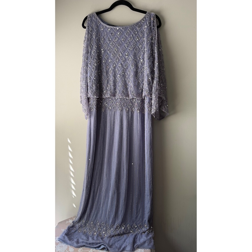Pisarro Nights Vintage Gown Women 16 Periwinkle Blue Beaded Sequin Cold Shoulder